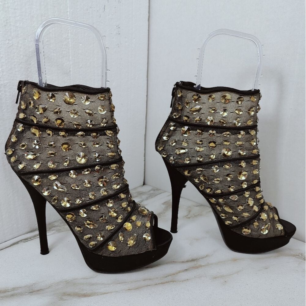 Wild Pair Anna Black Mesh Gold Rhinestone Open Toe Platform Stiletto Heels, 7